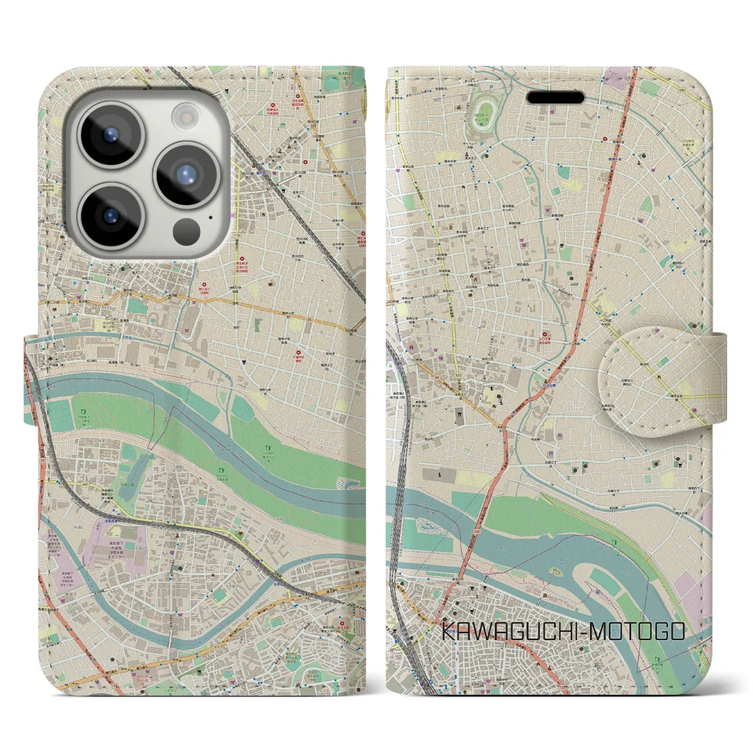 【川口元郷】地図柄iPhoneケース（手帳両面タイプ・ナチュラル）iPhone 15 Pro 用