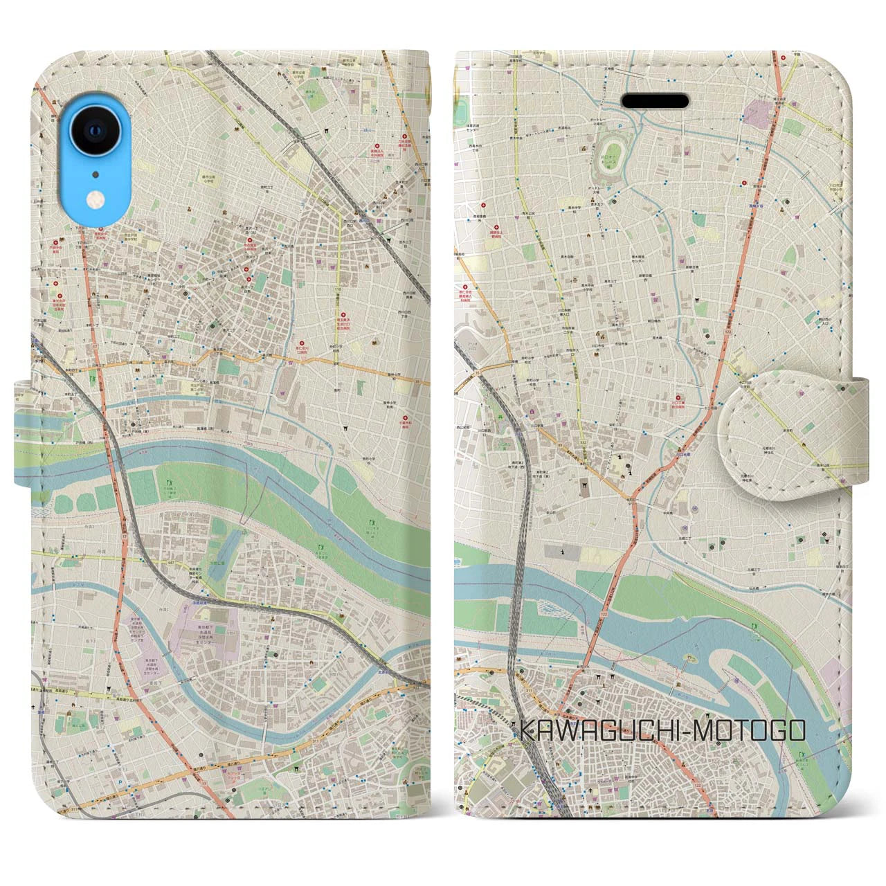 【川口元郷】地図柄iPhoneケース（手帳両面タイプ・ナチュラル）iPhone XR 用