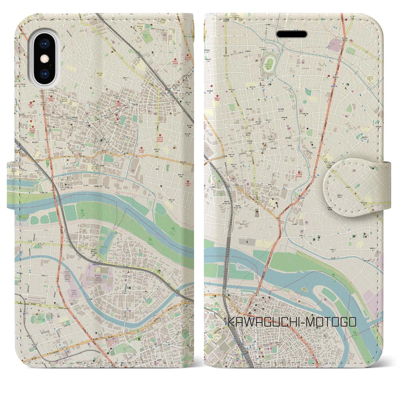 【川口元郷】地図柄iPhoneケース（手帳両面タイプ・ナチュラル）iPhone XS Max 用