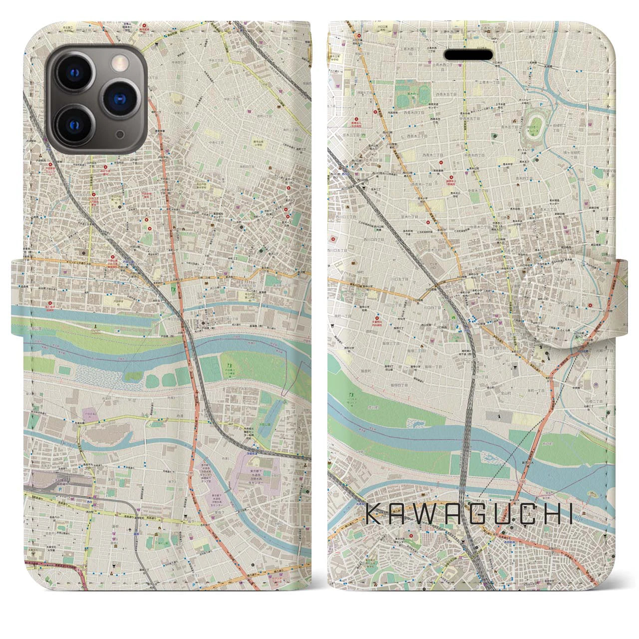 【川口】地図柄iPhoneケース（手帳両面タイプ・ナチュラル）iPhone 11 Pro Max 用