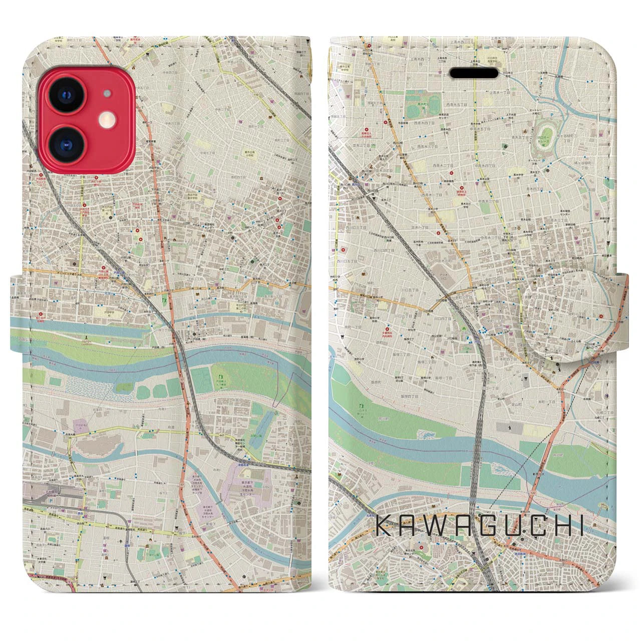 【川口】地図柄iPhoneケース（手帳両面タイプ・ナチュラル）iPhone 11 用