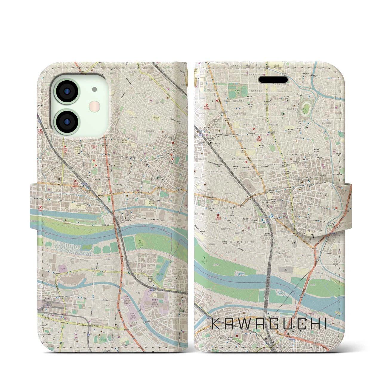 【川口】地図柄iPhoneケース（手帳両面タイプ・ナチュラル）iPhone 12 mini 用