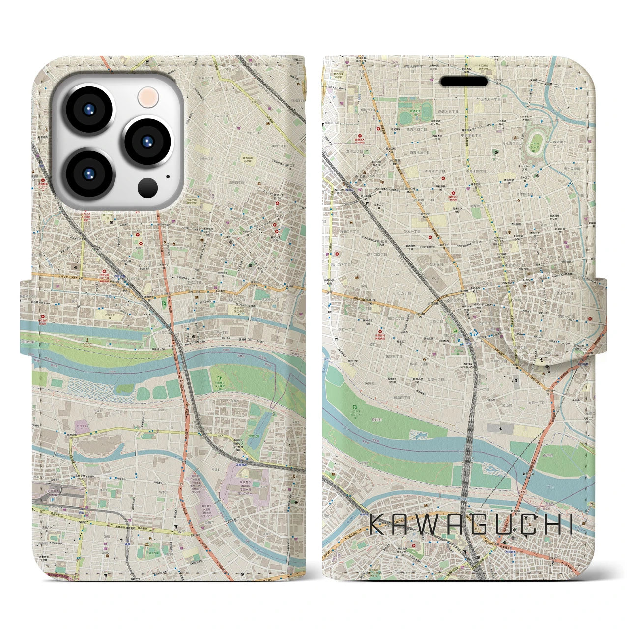【川口】地図柄iPhoneケース（手帳両面タイプ・ナチュラル）iPhone 13 Pro 用