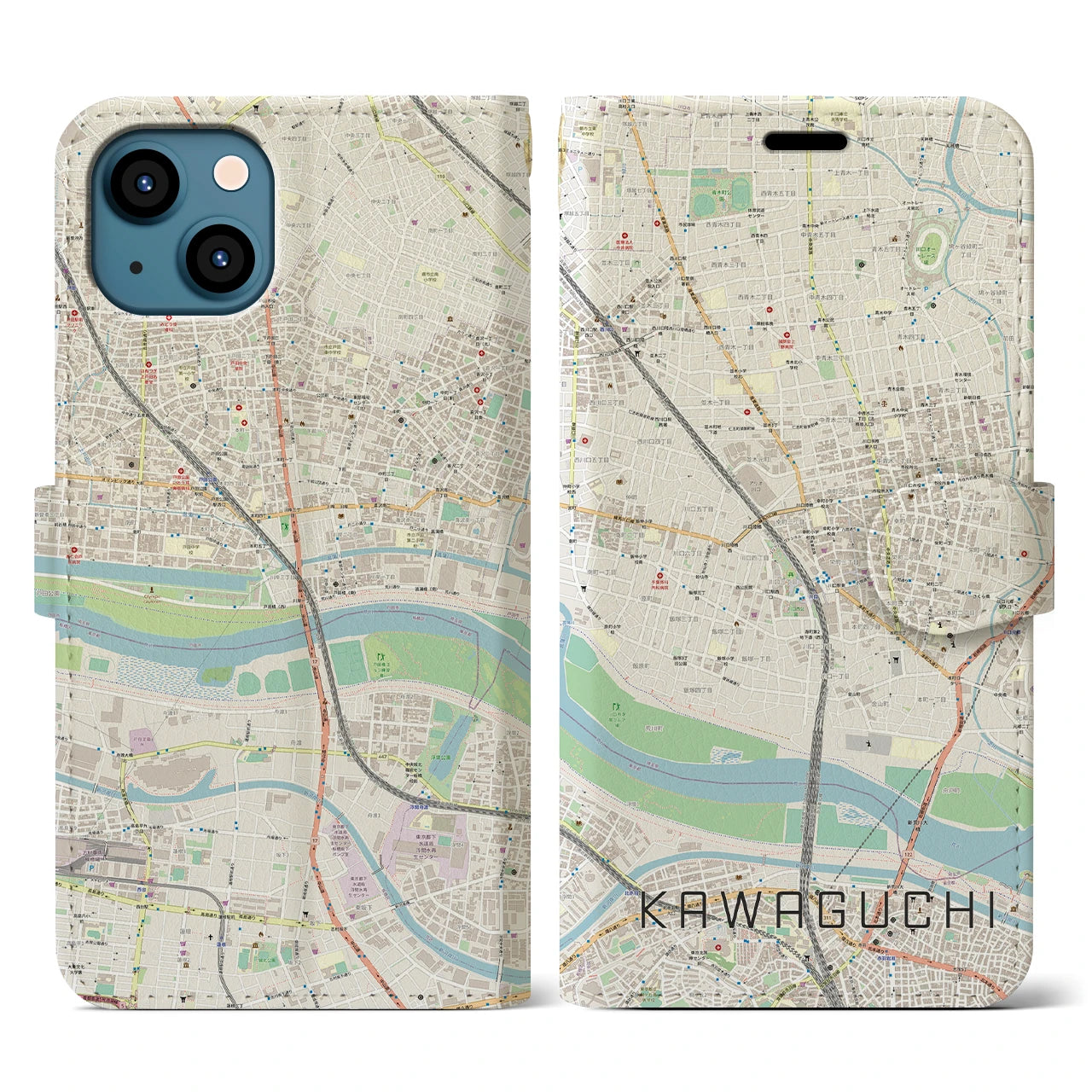 【川口】地図柄iPhoneケース（手帳両面タイプ・ナチュラル）iPhone 13 用