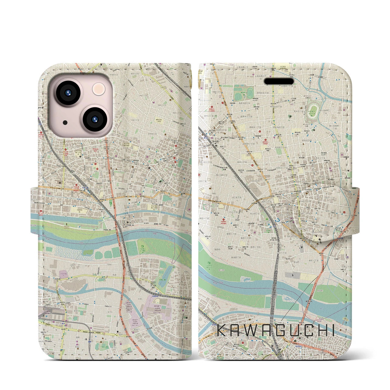 【川口】地図柄iPhoneケース（手帳両面タイプ・ナチュラル）iPhone 13 mini 用