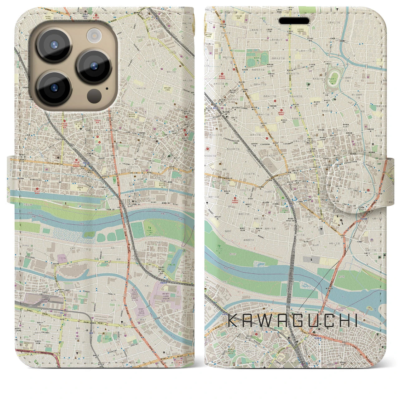 【川口】地図柄iPhoneケース（手帳両面タイプ・ナチュラル）iPhone 14 Pro Max 用