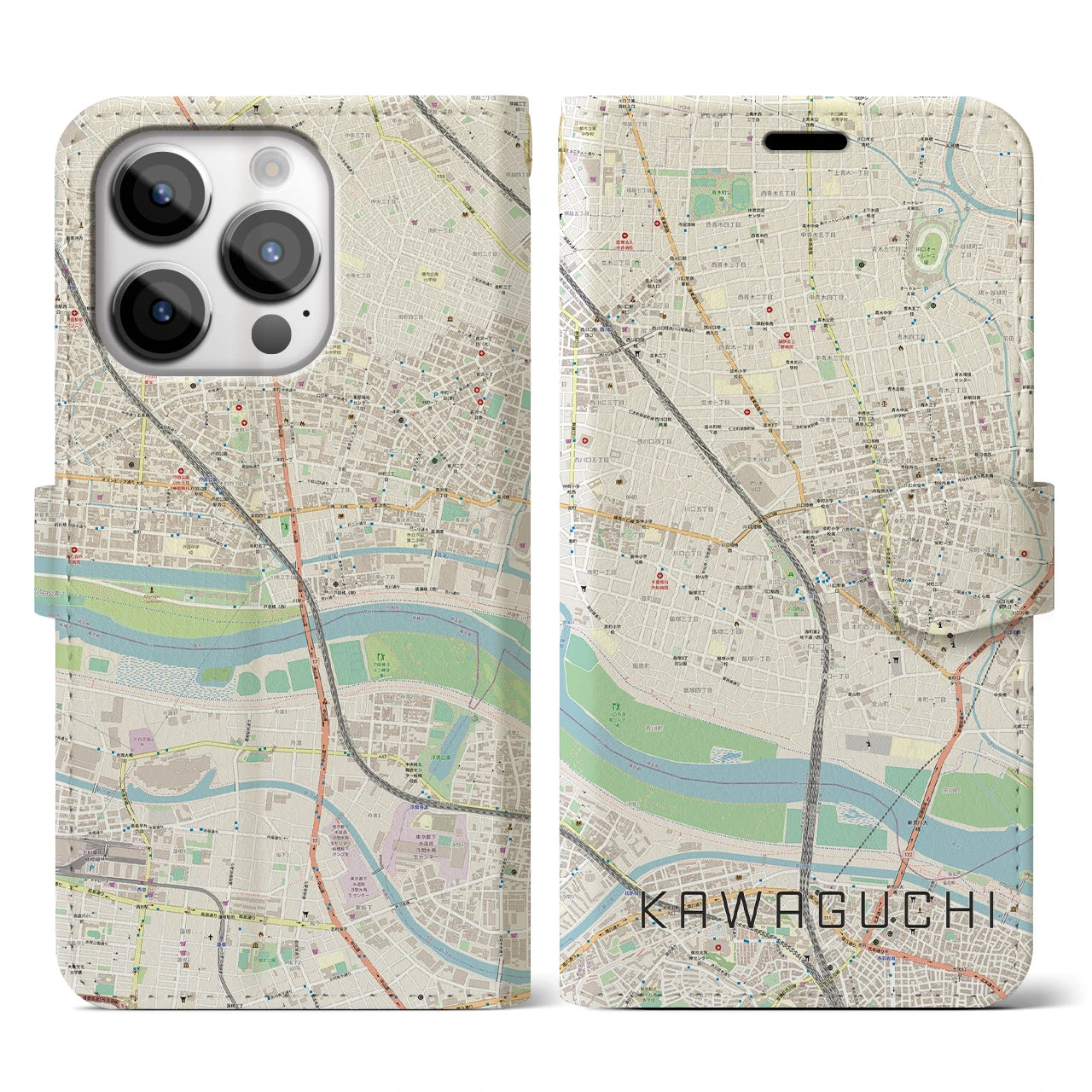 【川口】地図柄iPhoneケース（手帳両面タイプ・ナチュラル）iPhone 14 Pro 用