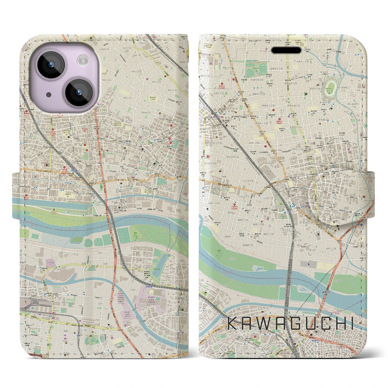【川口】地図柄iPhoneケース（手帳両面タイプ・ナチュラル）iPhone 14 用
