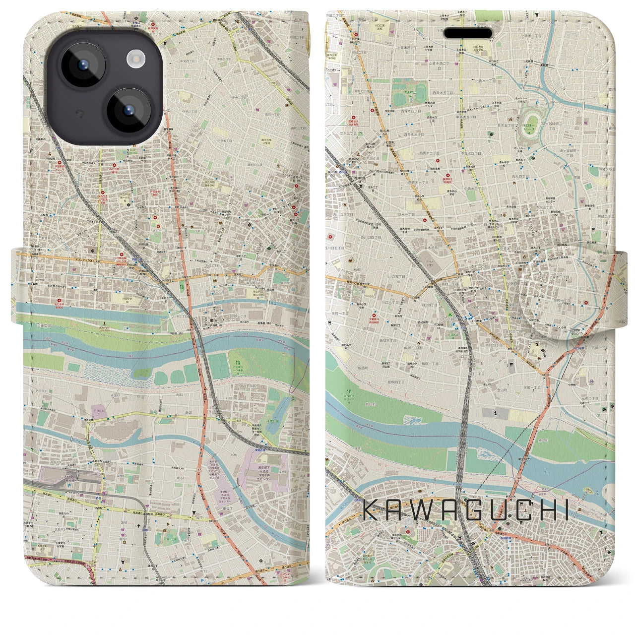 【川口】地図柄iPhoneケース（手帳両面タイプ・ナチュラル）iPhone 14 Plus 用