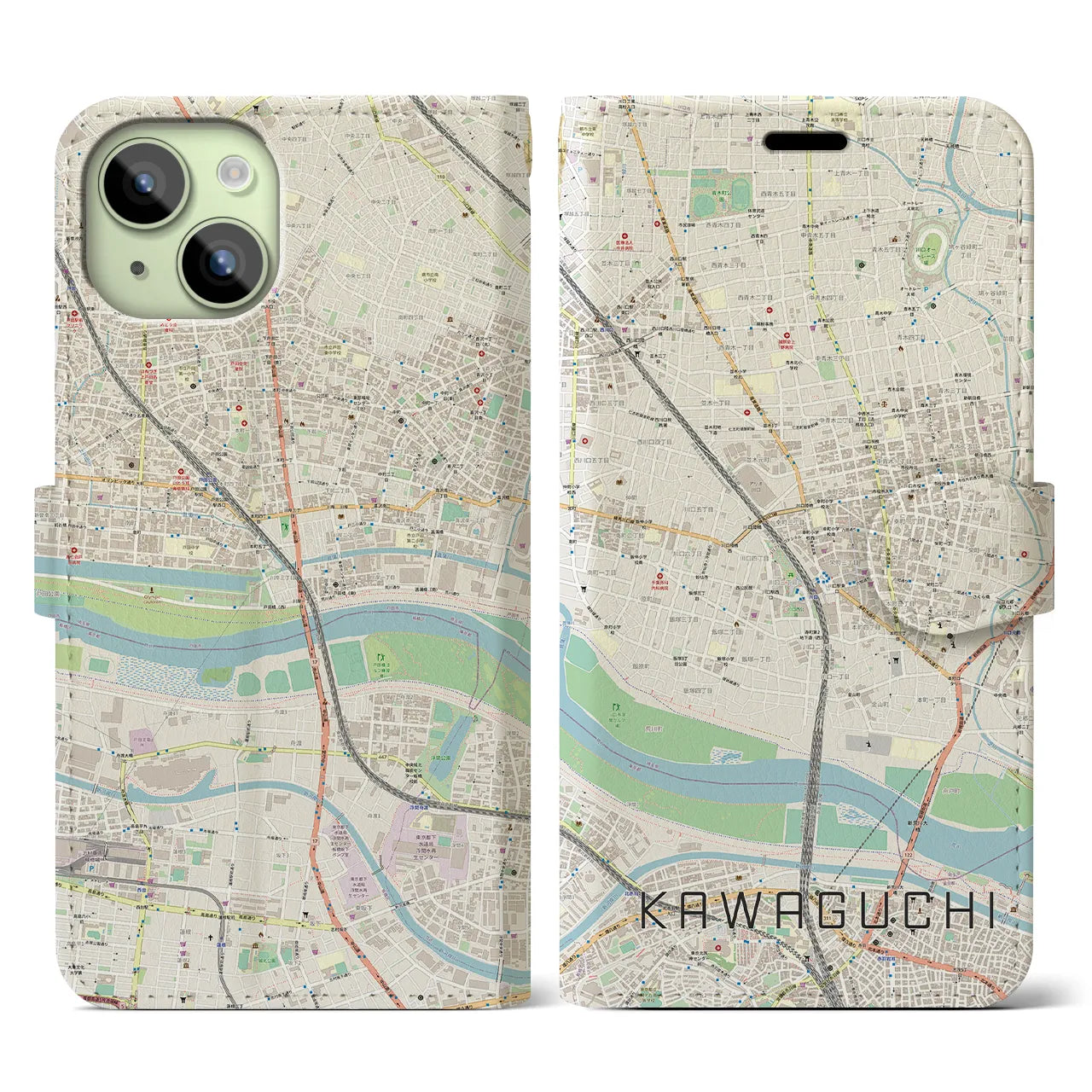 【川口】地図柄iPhoneケース（手帳両面タイプ・ナチュラル）iPhone 15 用