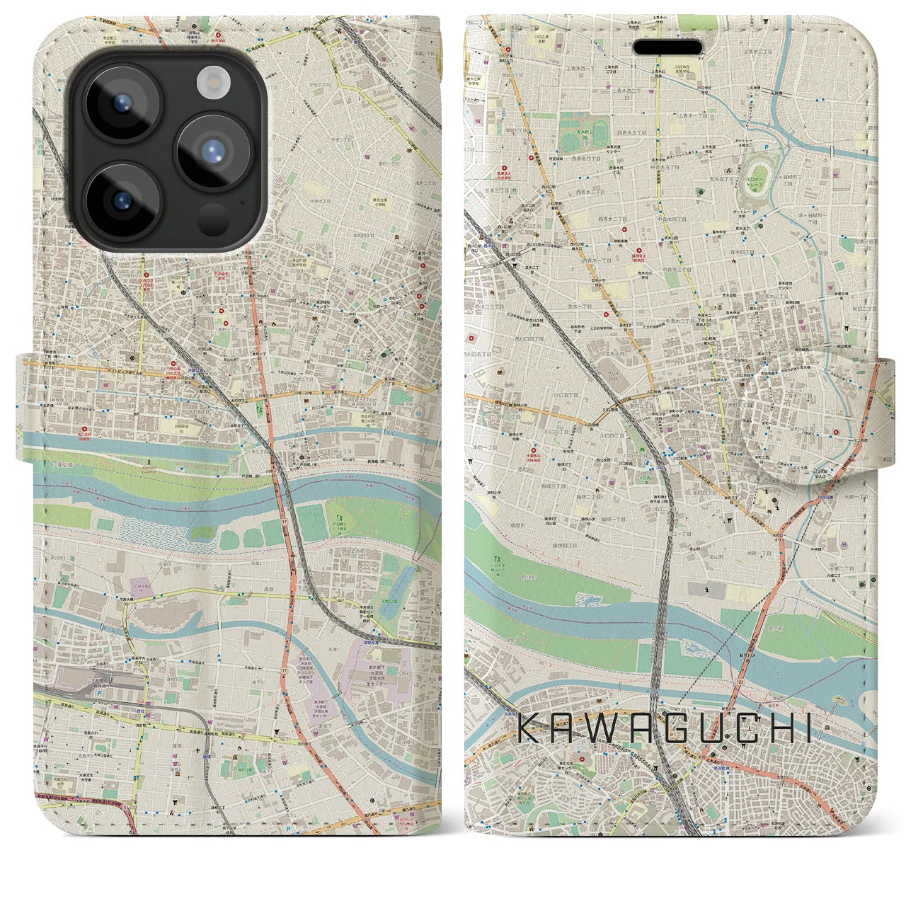 【川口】地図柄iPhoneケース（手帳両面タイプ・ナチュラル）iPhone 15 Pro Max 用
