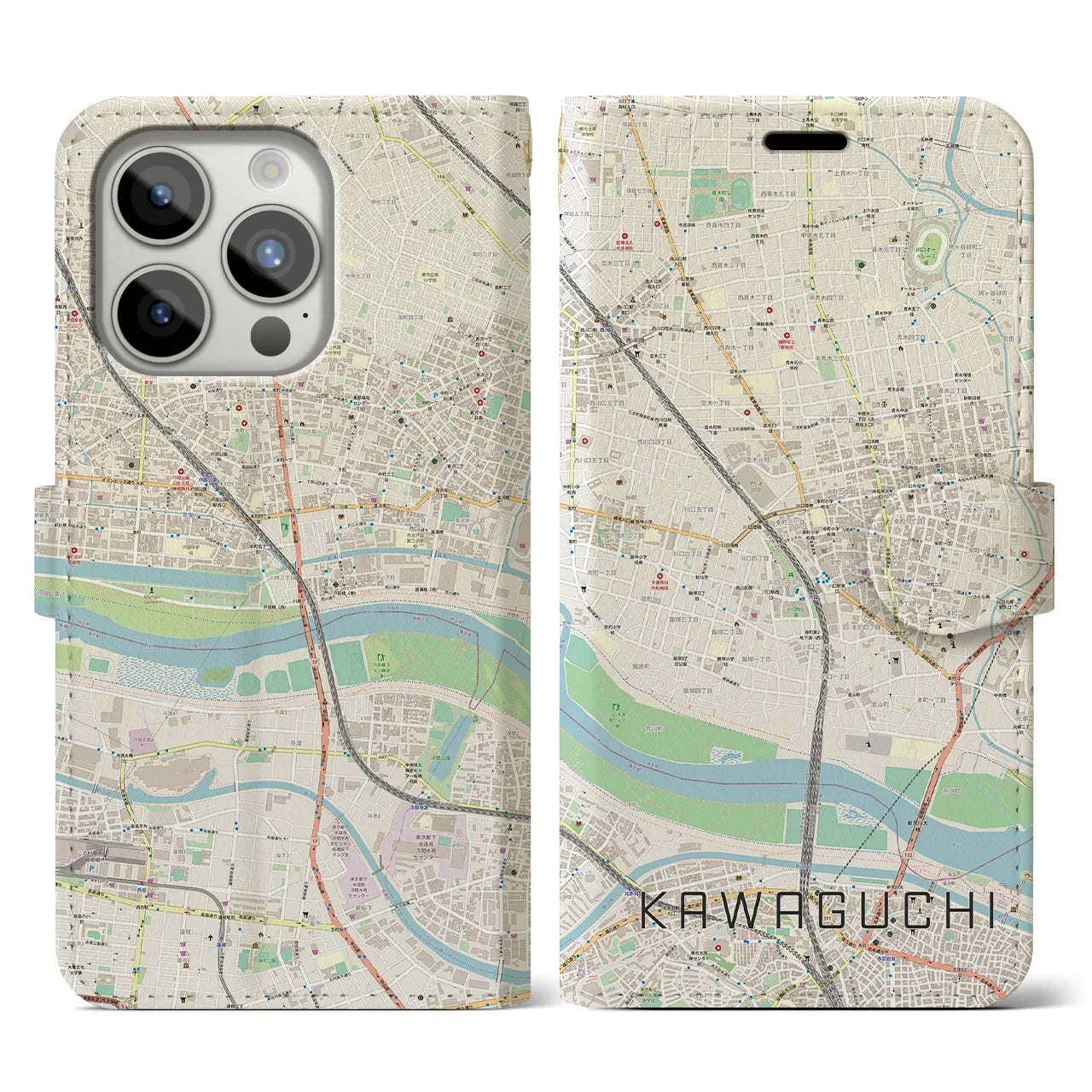 【川口】地図柄iPhoneケース（手帳両面タイプ・ナチュラル）iPhone 15 Pro 用