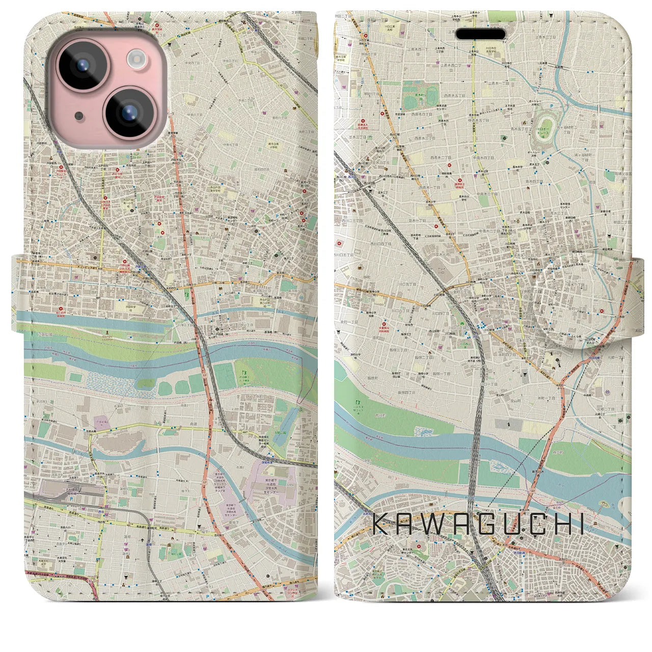 【川口】地図柄iPhoneケース（手帳両面タイプ・ナチュラル）iPhone 15 Plus 用