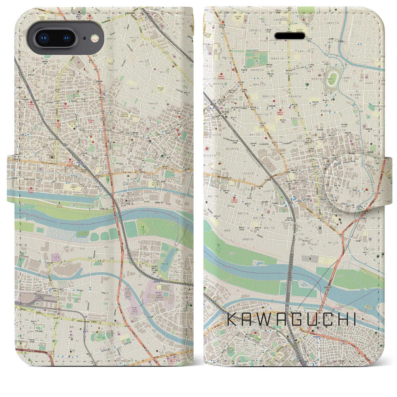 【川口】地図柄iPhoneケース（手帳両面タイプ・ナチュラル）iPhone 8Plus /7Plus / 6sPlus / 6Plus 用