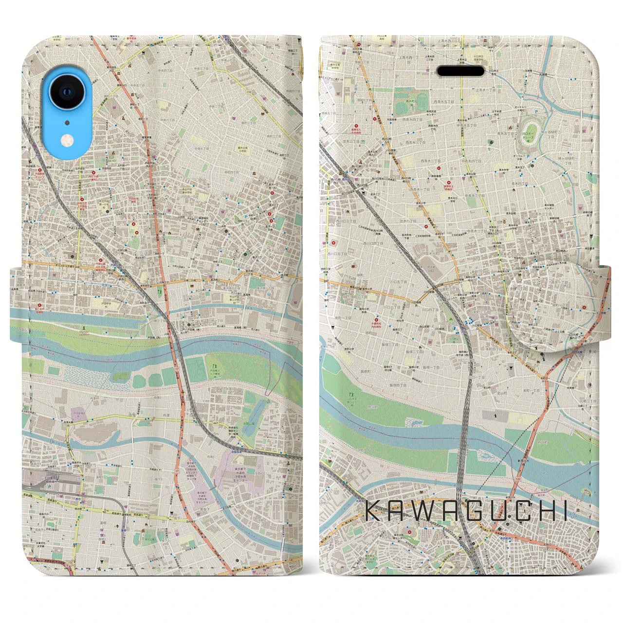 【川口】地図柄iPhoneケース（手帳両面タイプ・ナチュラル）iPhone XR 用