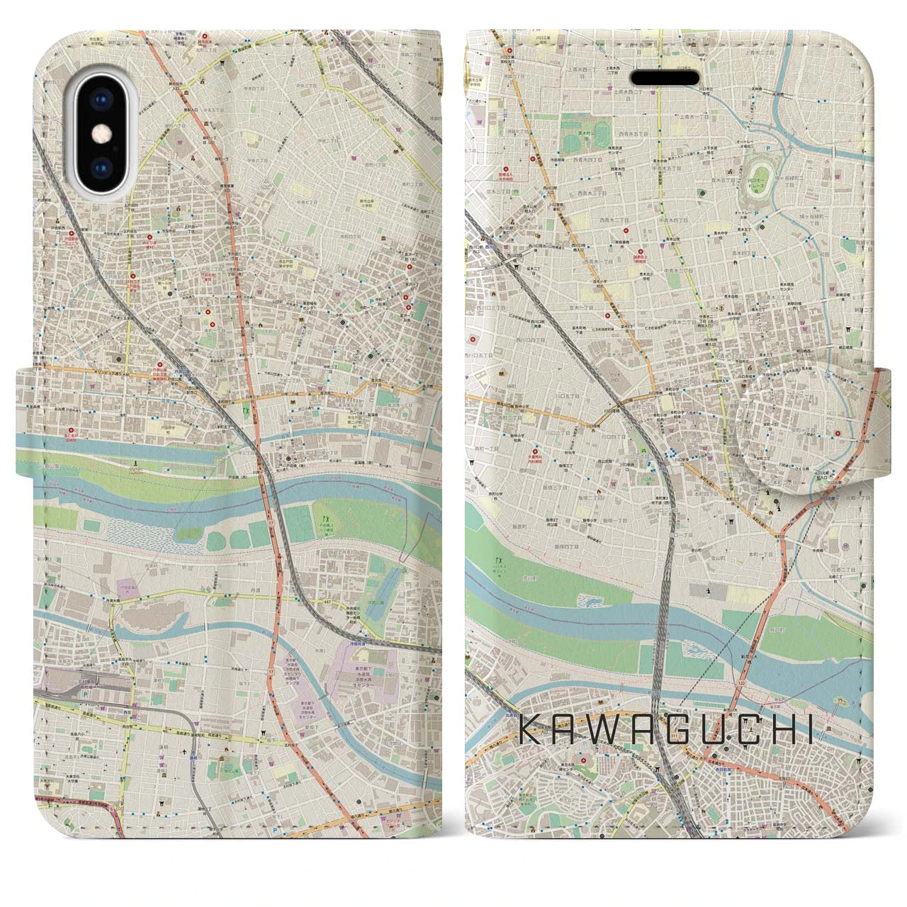 【川口】地図柄iPhoneケース（手帳両面タイプ・ナチュラル）iPhone XS Max 用