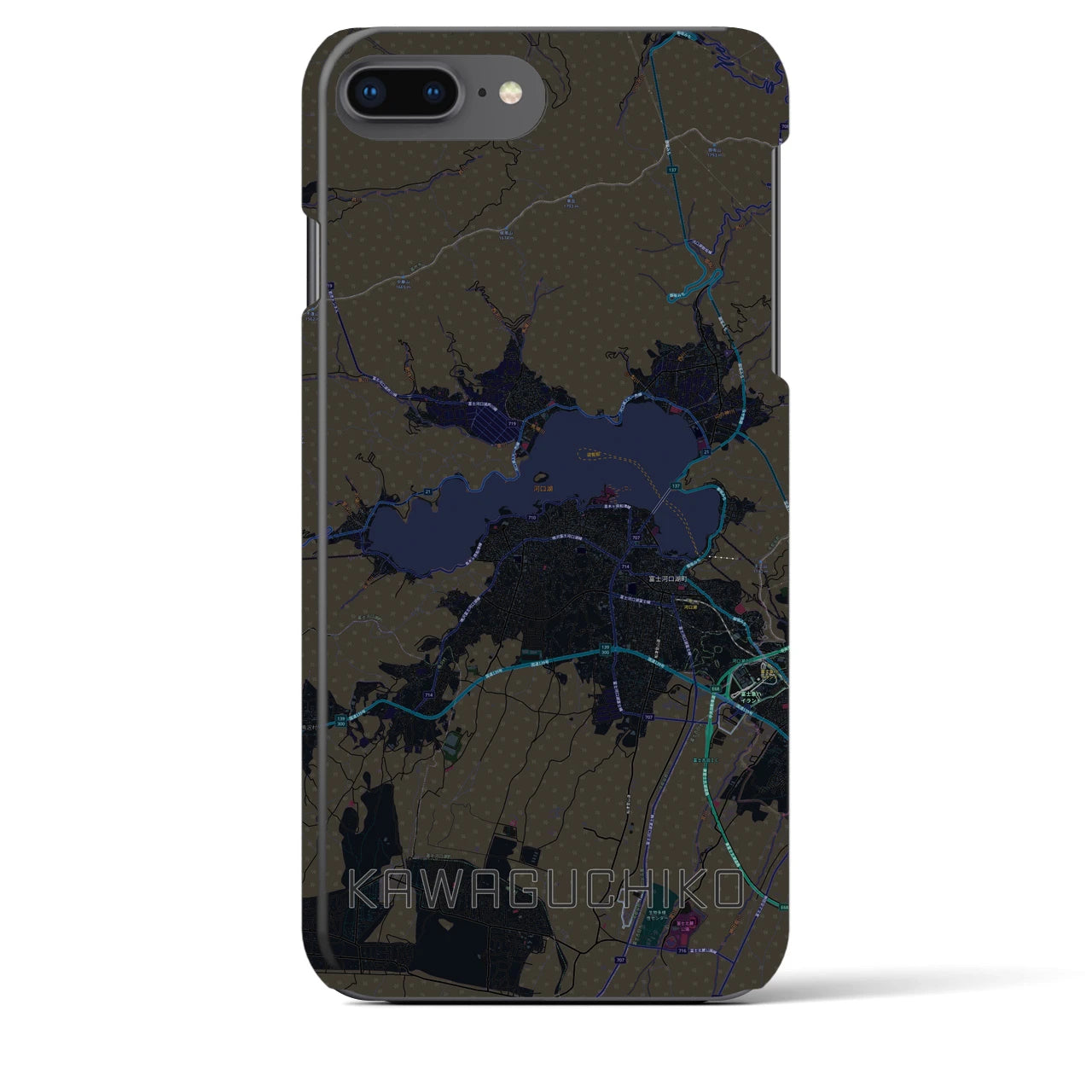 【河口湖】地図柄iPhoneケース（バックカバータイプ・ブラック）iPhone 8Plus /7Plus / 6sPlus / 6Plus 用