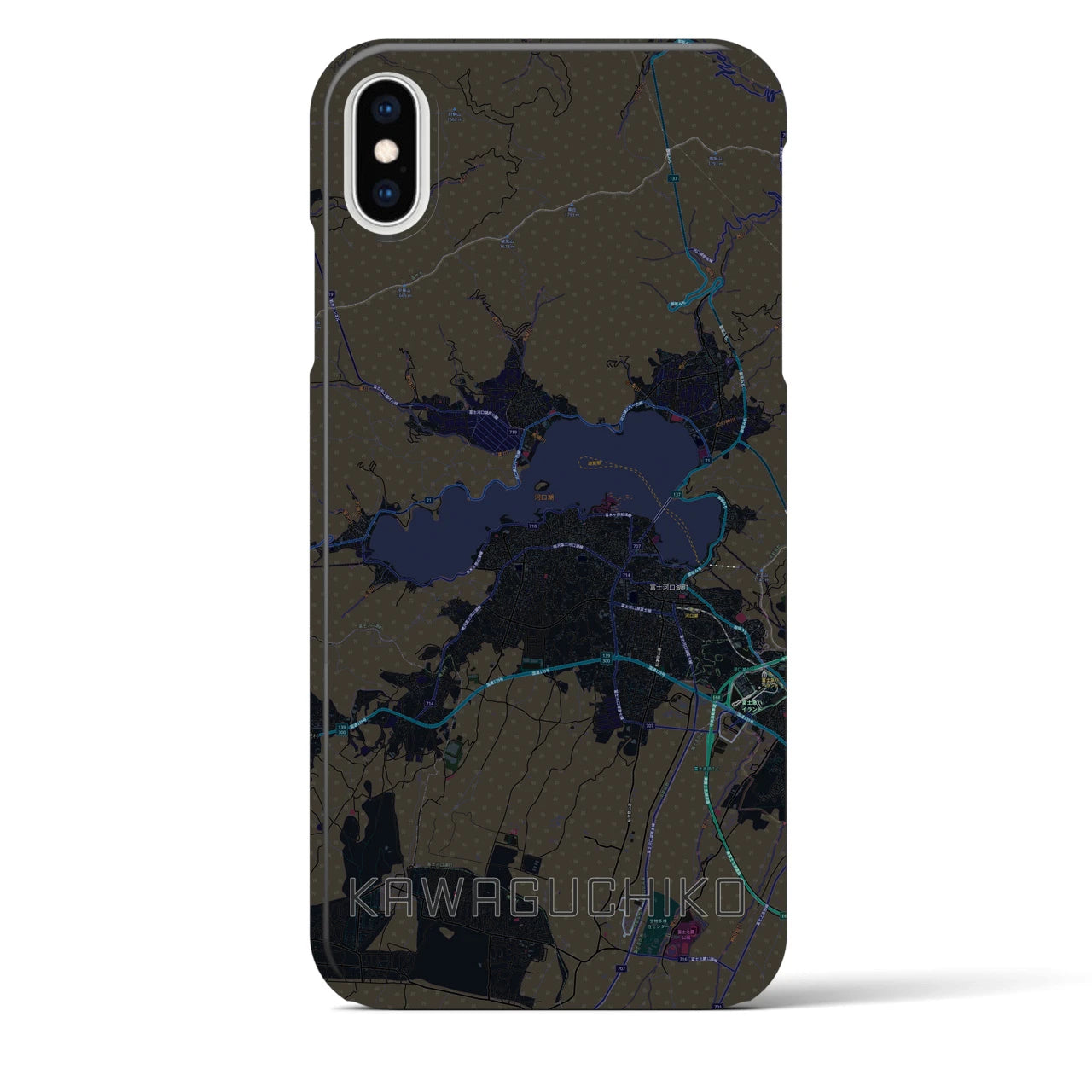 【河口湖】地図柄iPhoneケース（バックカバータイプ・ブラック）iPhone XS Max 用