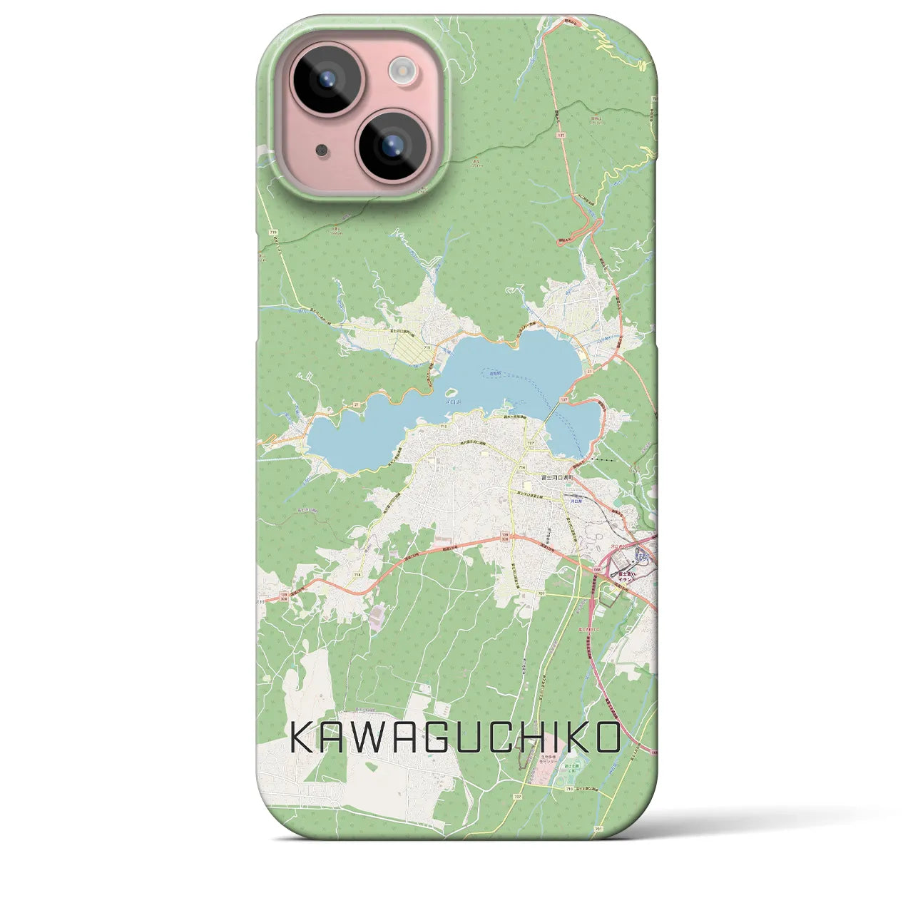 【河口湖】地図柄iPhoneケース（バックカバータイプ・ナチュラル）iPhone 15 Plus 用