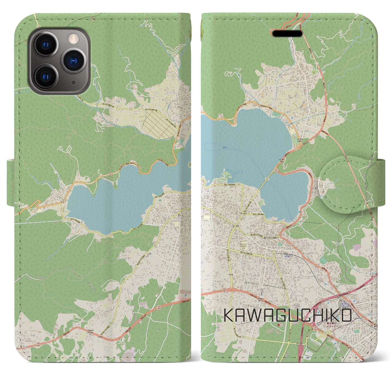 【河口湖】地図柄iPhoneケース（手帳両面タイプ・ナチュラル）iPhone 11 Pro Max 用