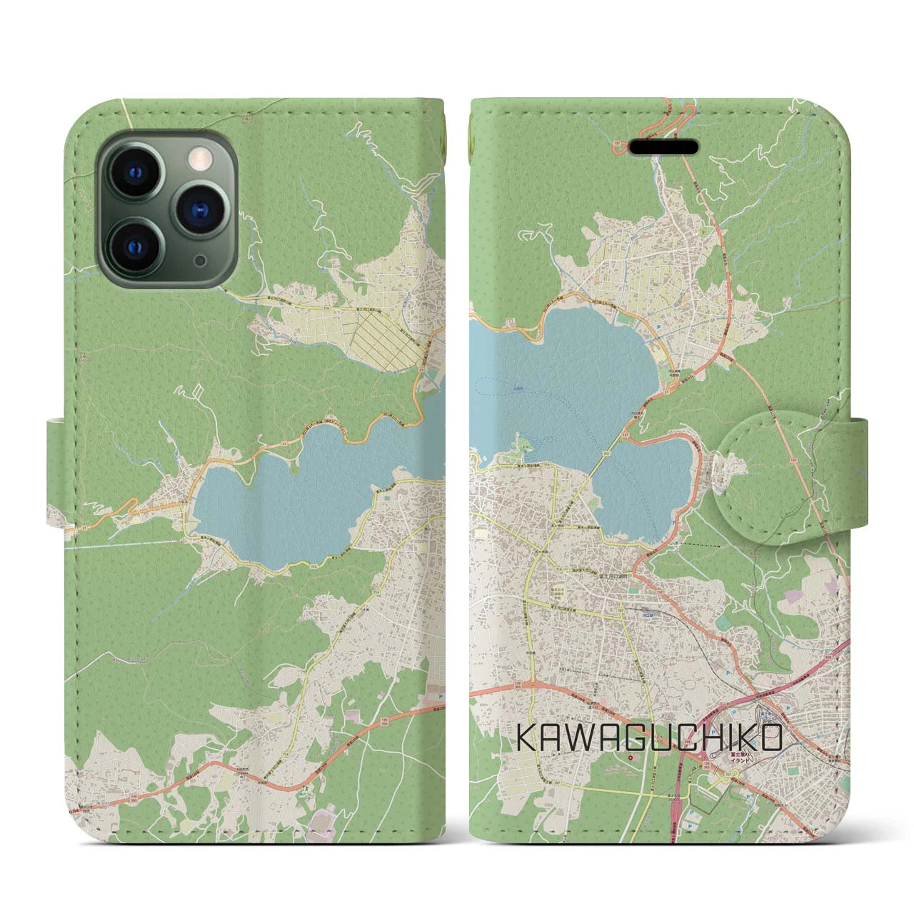 【河口湖】地図柄iPhoneケース（手帳両面タイプ・ナチュラル）iPhone 11 Pro 用