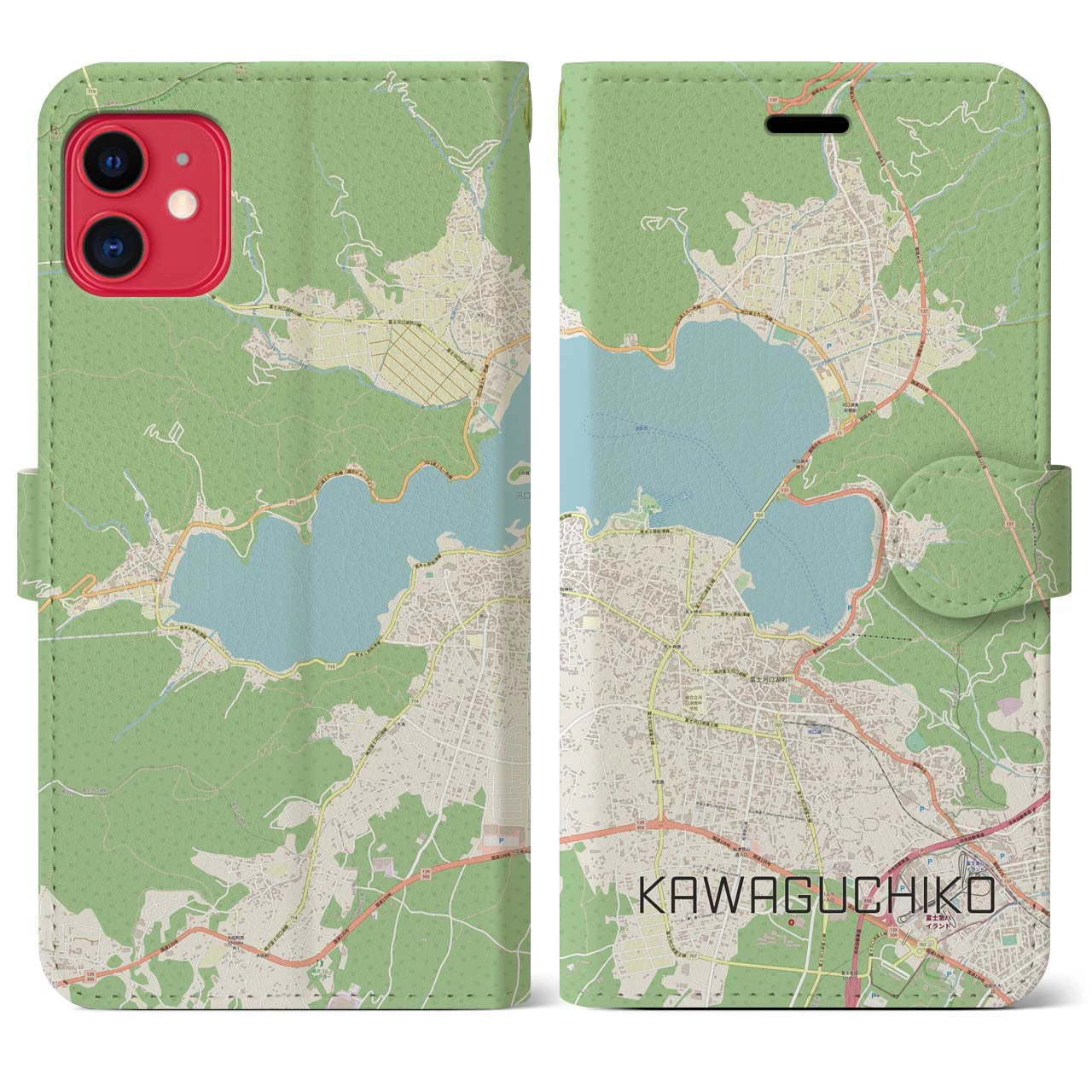 【河口湖】地図柄iPhoneケース（手帳両面タイプ・ナチュラル）iPhone 11 用