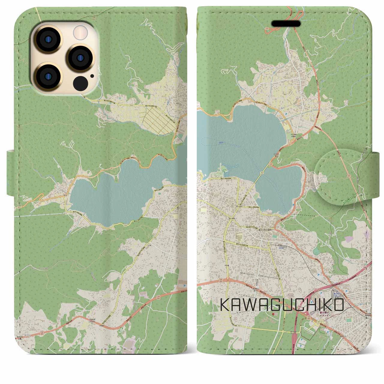 【河口湖】地図柄iPhoneケース（手帳両面タイプ・ナチュラル）iPhone 12 Pro Max 用