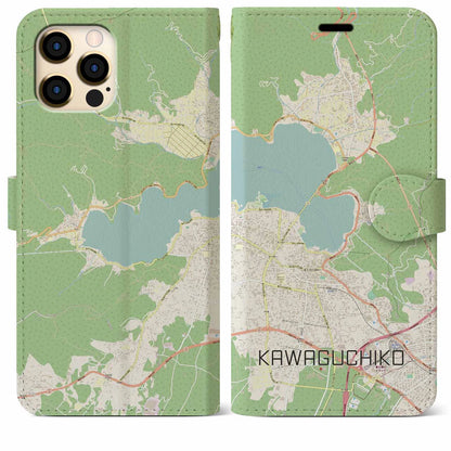 【河口湖（山梨県）】地図柄iPhoneケース（手帳タイプ）ナチュラル・iPhone 12 Pro Max 用