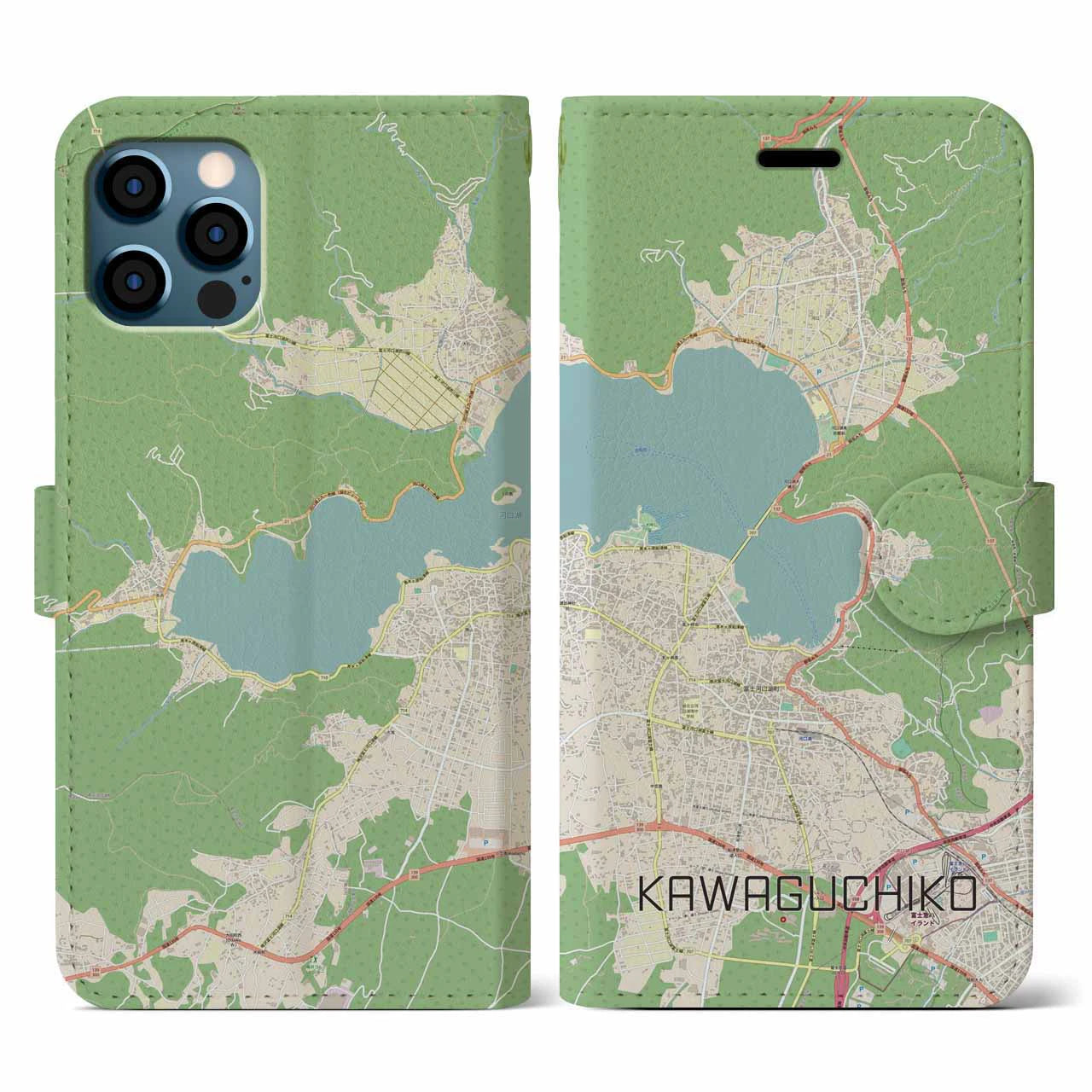 【河口湖】地図柄iPhoneケース（手帳両面タイプ・ナチュラル）iPhone 12 / 12 Pro 用