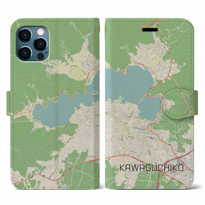【河口湖（山梨県）】地図柄iPhoneケース（手帳タイプ）ナチュラル・iPhone 12 / 12 Pro 用