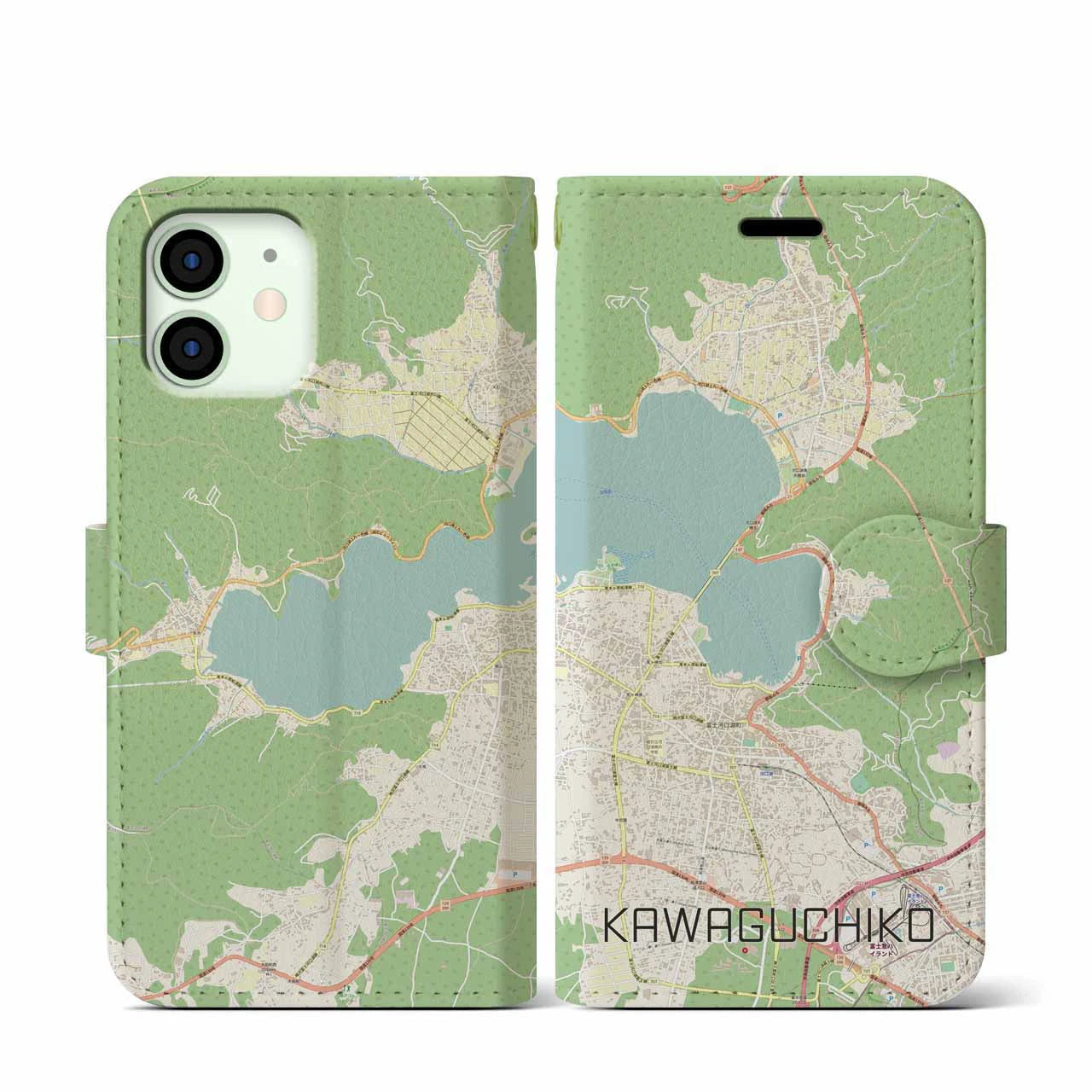 【河口湖】地図柄iPhoneケース（手帳両面タイプ・ナチュラル）iPhone 12 mini 用