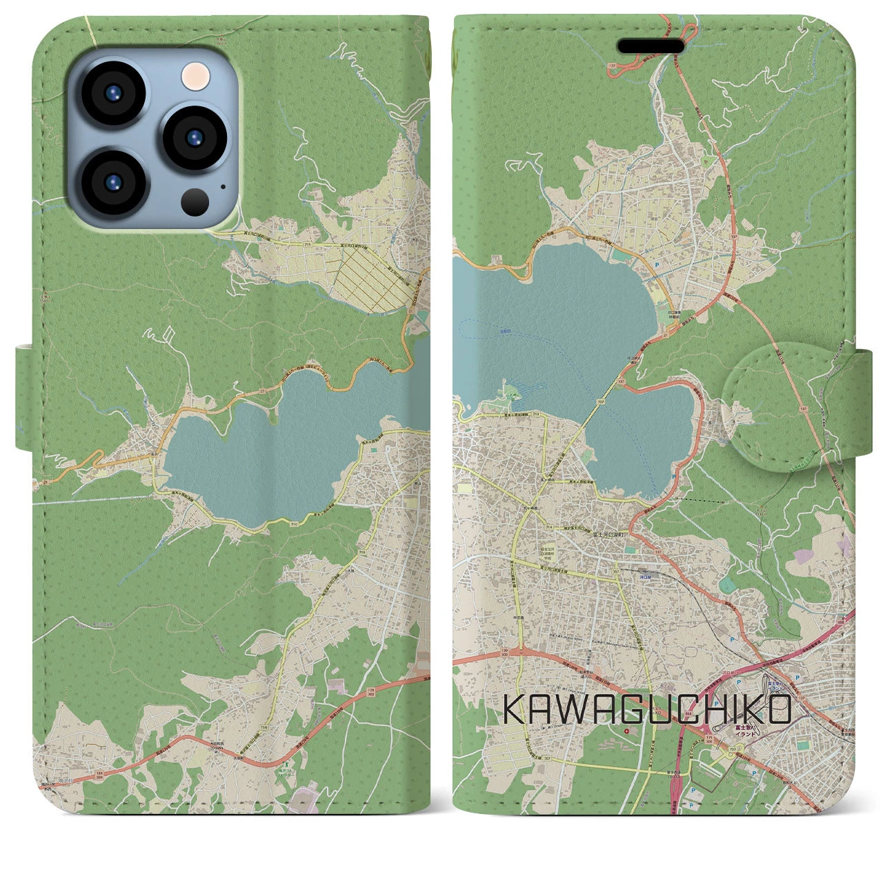 【河口湖】地図柄iPhoneケース（手帳両面タイプ・ナチュラル）iPhone 13 Pro Max 用