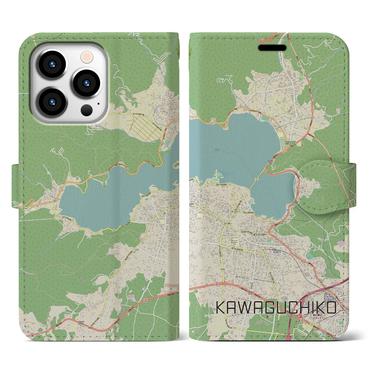 【河口湖】地図柄iPhoneケース（手帳両面タイプ・ナチュラル）iPhone 13 Pro 用