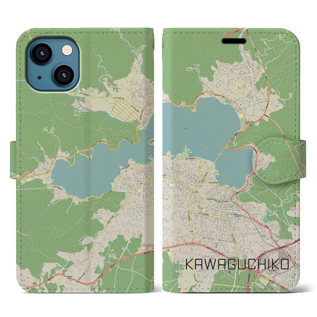 【河口湖】地図柄iPhoneケース（手帳両面タイプ・ナチュラル）iPhone 13 用