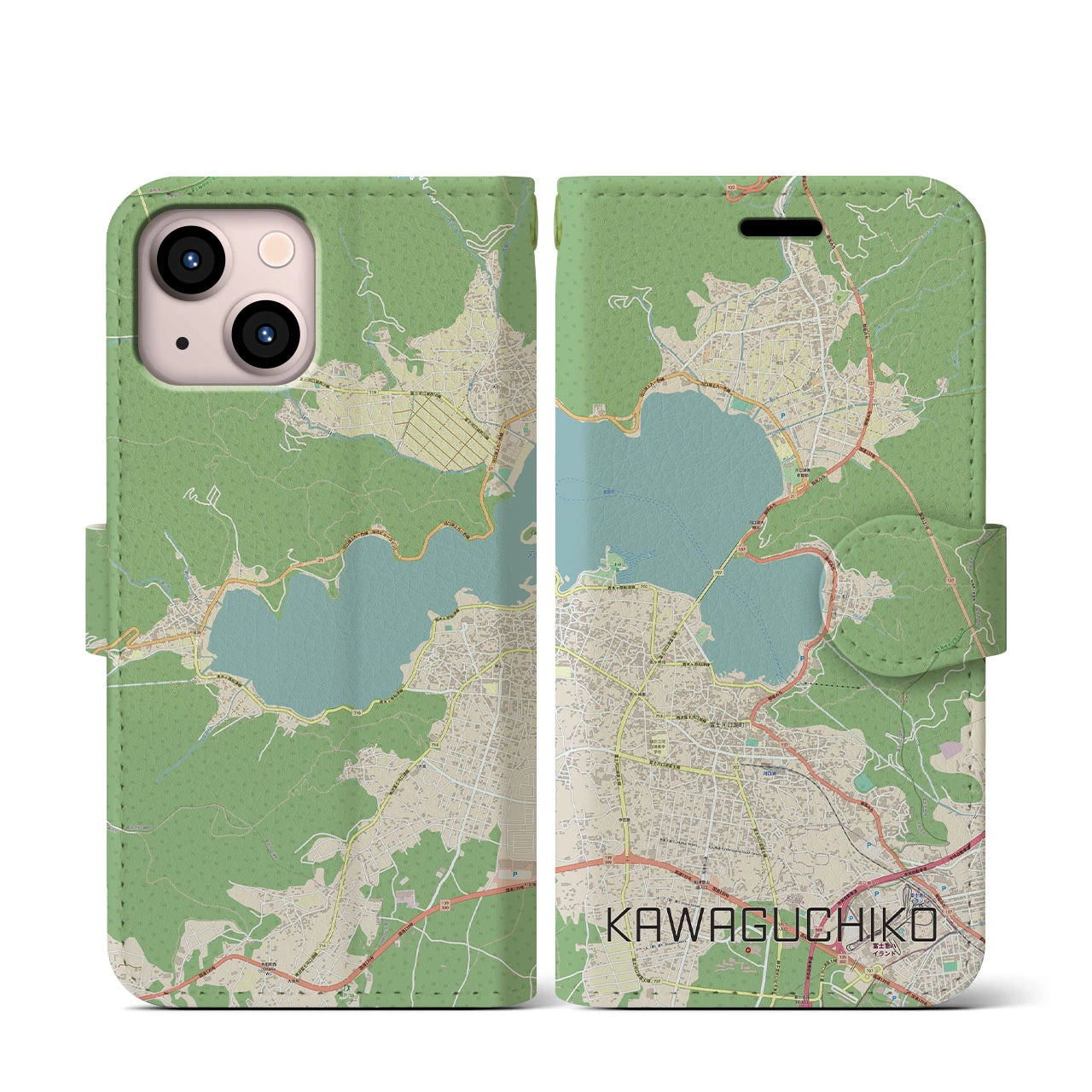 【河口湖】地図柄iPhoneケース（手帳両面タイプ・ナチュラル）iPhone 13 mini 用