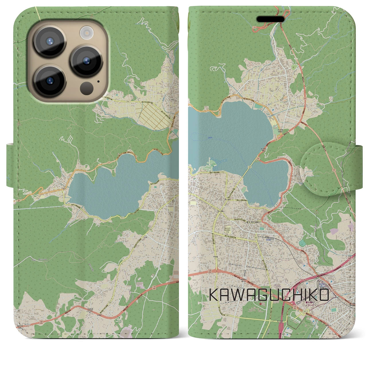 【河口湖】地図柄iPhoneケース（手帳両面タイプ・ナチュラル）iPhone 14 Pro Max 用
