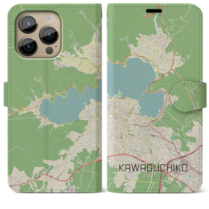 【河口湖（山梨県）】地図柄iPhoneケース（手帳タイプ）ナチュラル・iPhone 14 Pro Max 用
