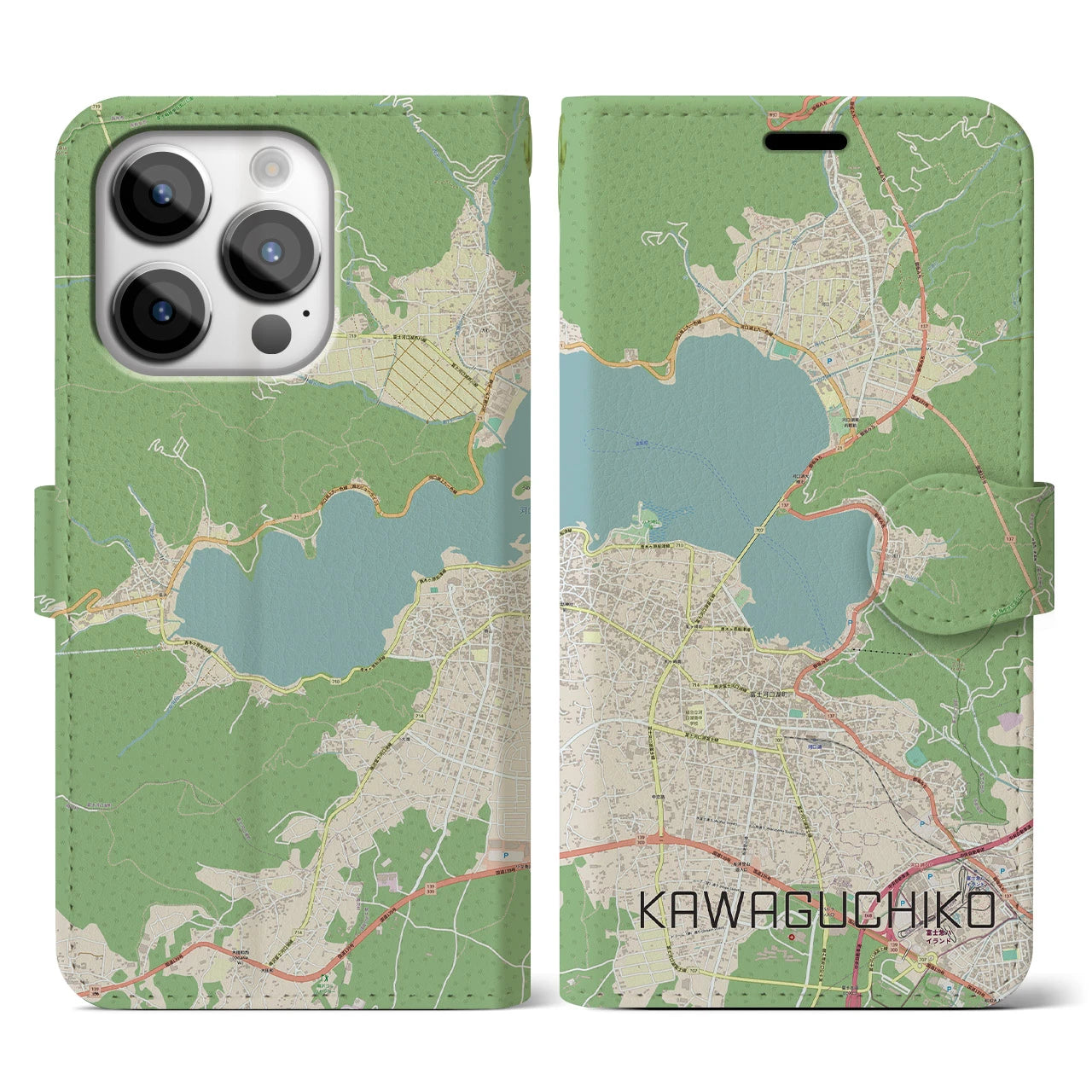 【河口湖】地図柄iPhoneケース（手帳両面タイプ・ナチュラル）iPhone 14 Pro 用