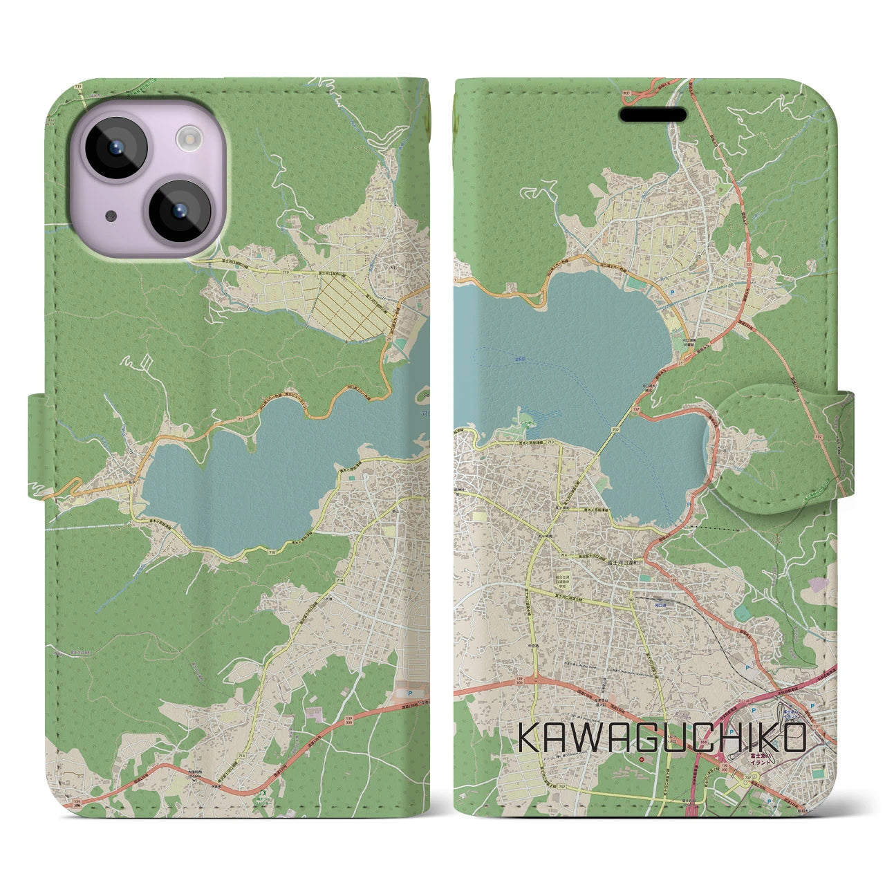【河口湖】地図柄iPhoneケース（手帳両面タイプ・ナチュラル）iPhone 14 用