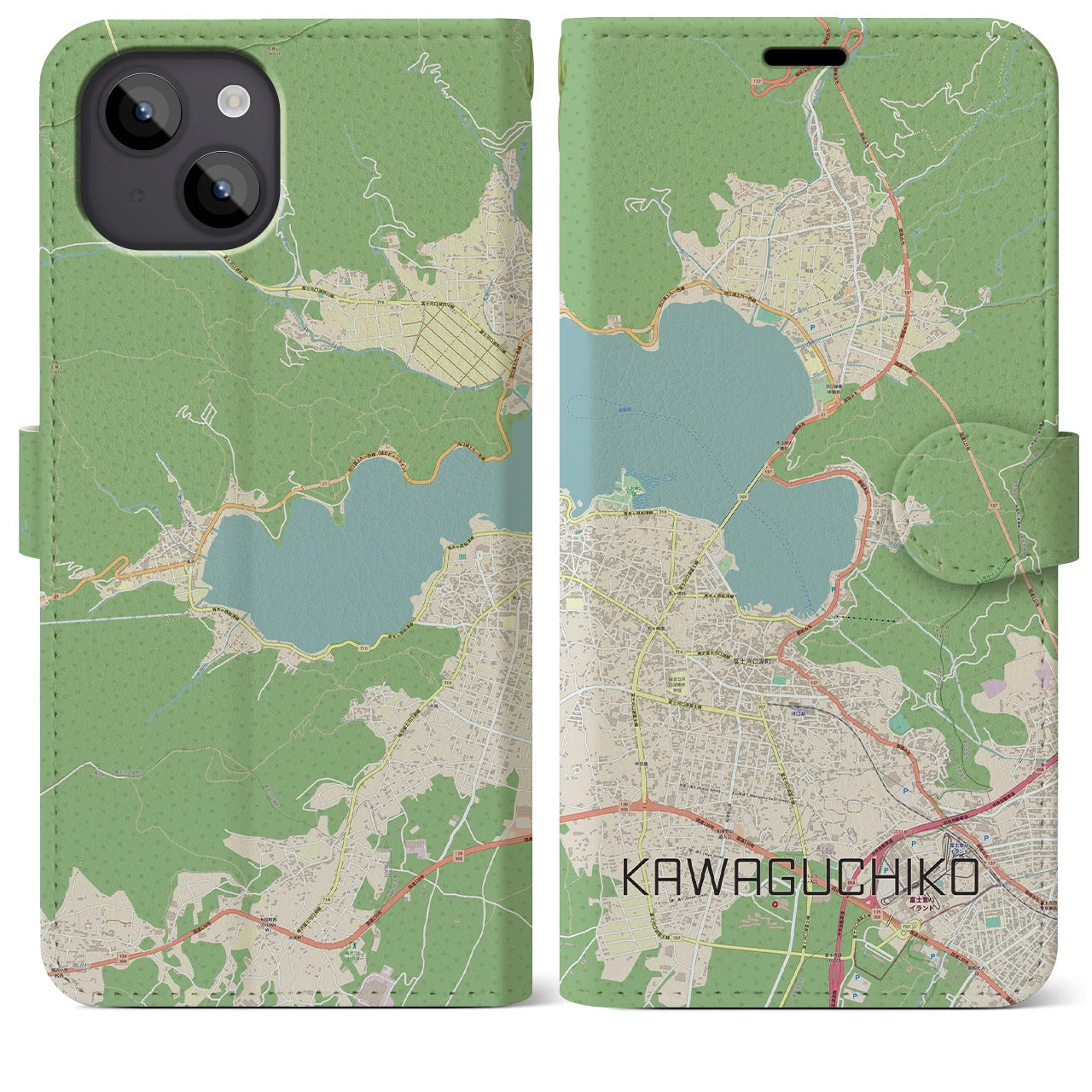【河口湖】地図柄iPhoneケース（手帳両面タイプ・ナチュラル）iPhone 14 Plus 用