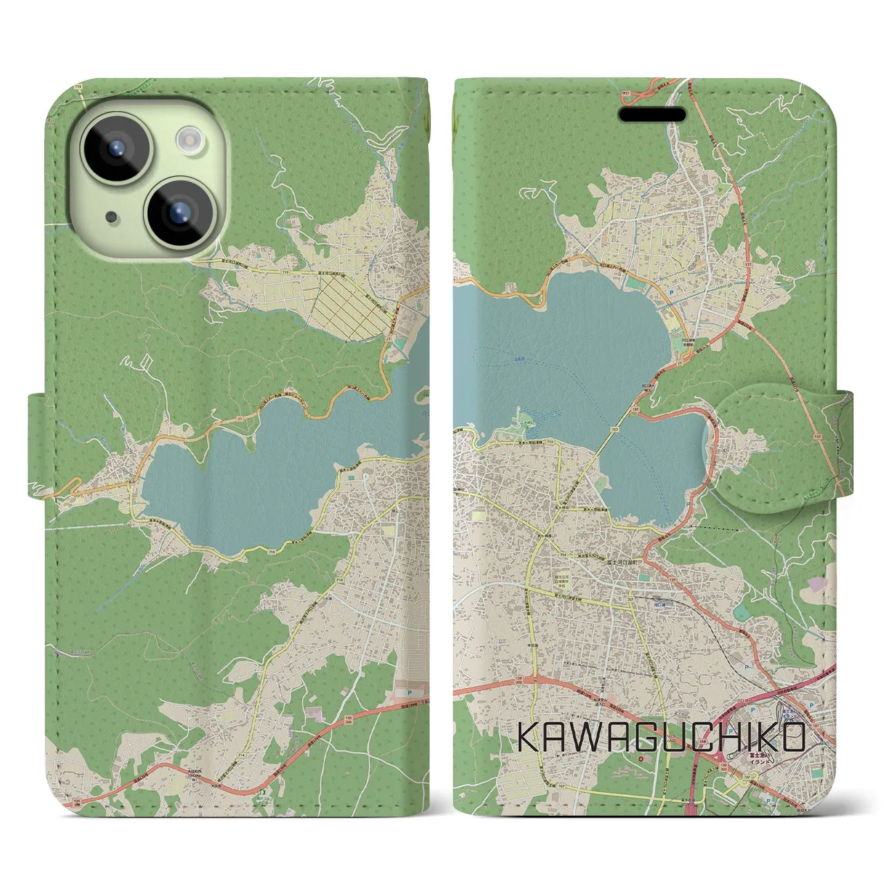 【河口湖】地図柄iPhoneケース（手帳両面タイプ・ナチュラル）iPhone 15 用