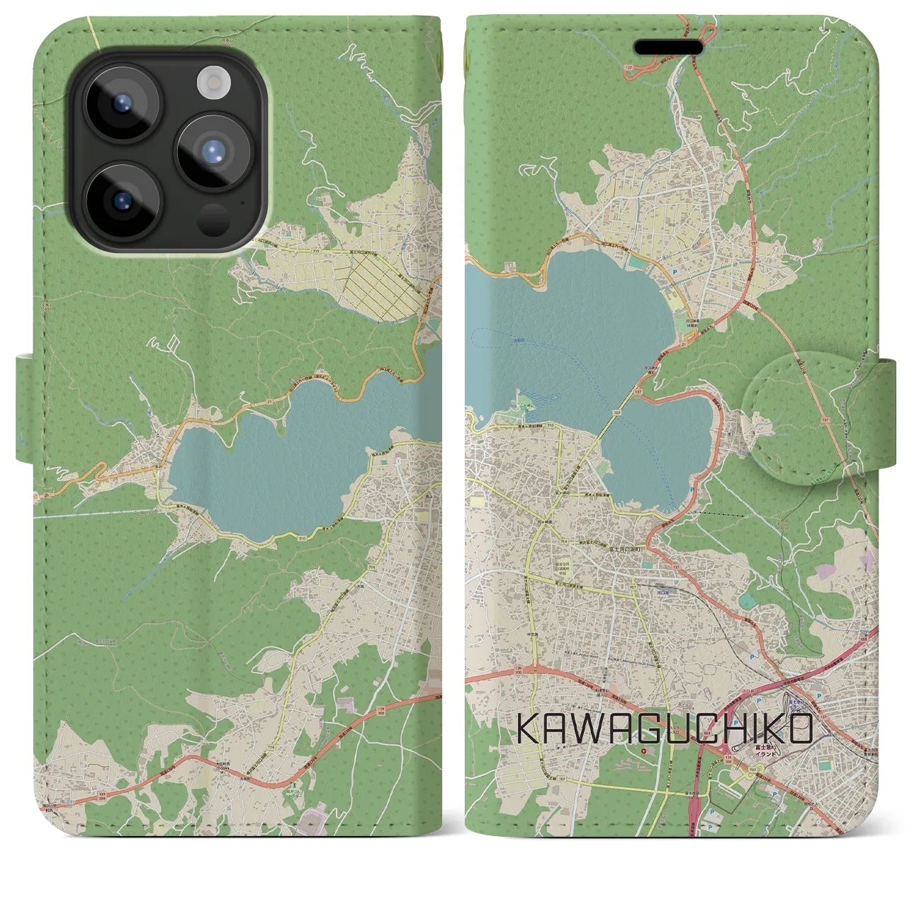【河口湖】地図柄iPhoneケース（手帳両面タイプ・ナチュラル）iPhone 15 Pro Max 用