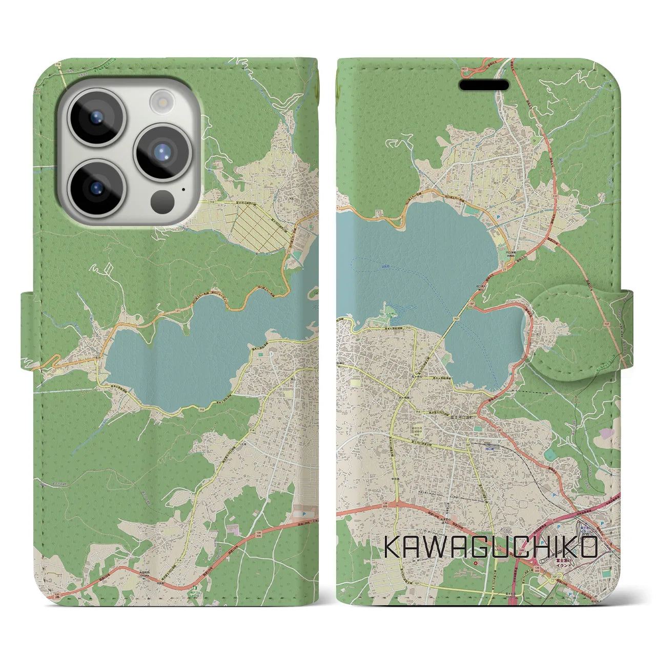 【河口湖】地図柄iPhoneケース（手帳両面タイプ・ナチュラル）iPhone 15 Pro 用