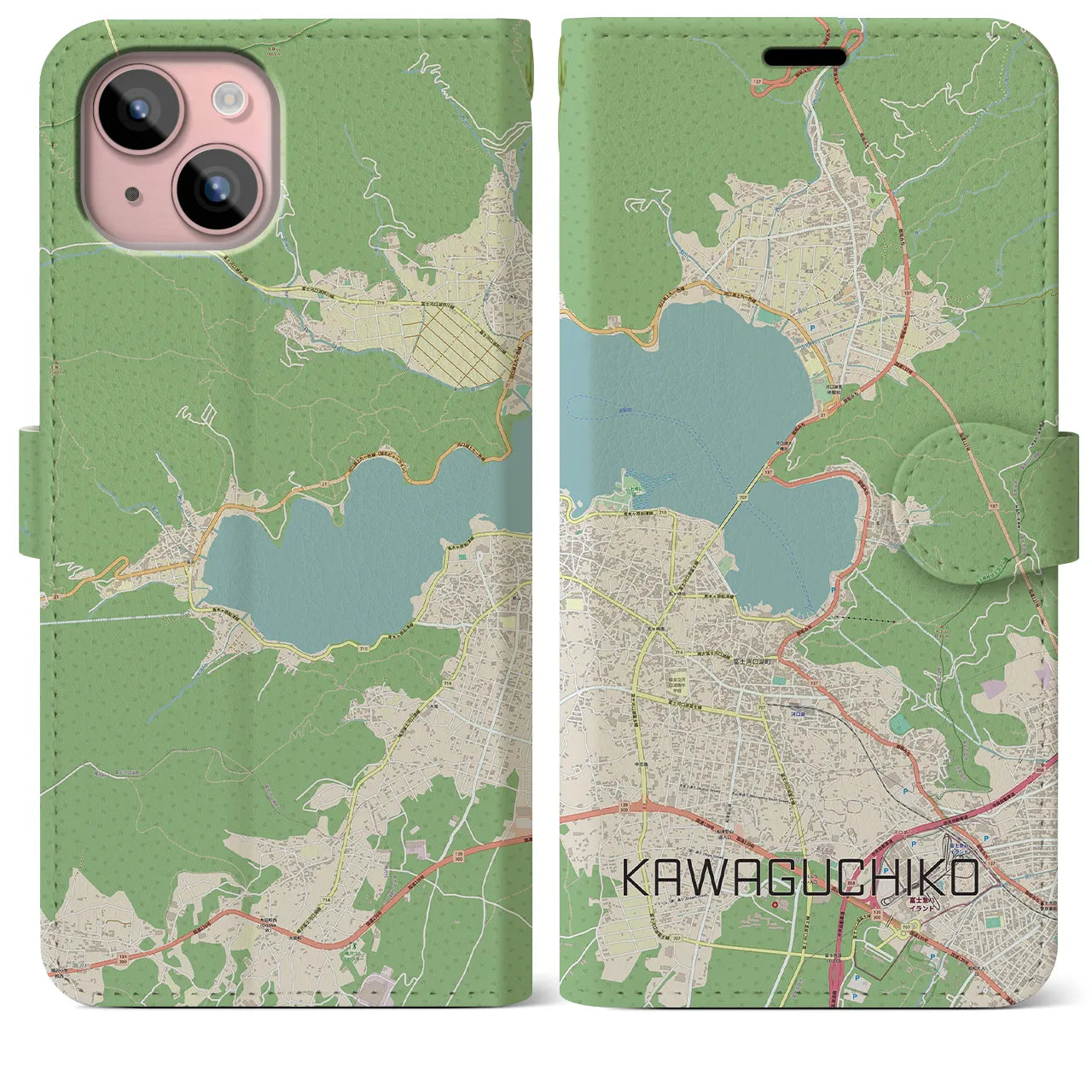 【河口湖】地図柄iPhoneケース（手帳両面タイプ・ナチュラル）iPhone 15 Plus 用