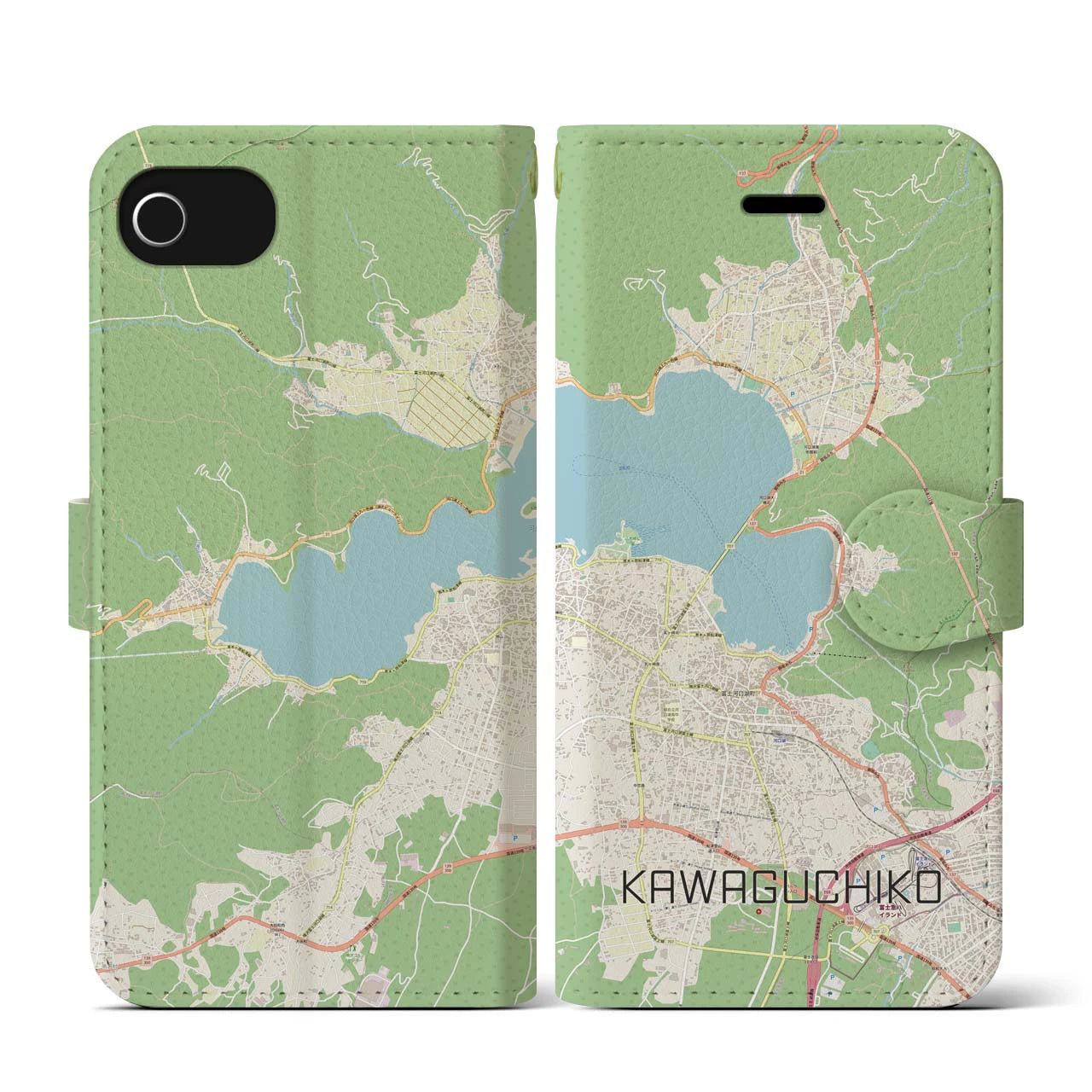 【河口湖】地図柄iPhoneケース（手帳両面タイプ・ナチュラル）iPhone SE（第3 / 第2世代） / 8 / 7 / 6s / 6 用