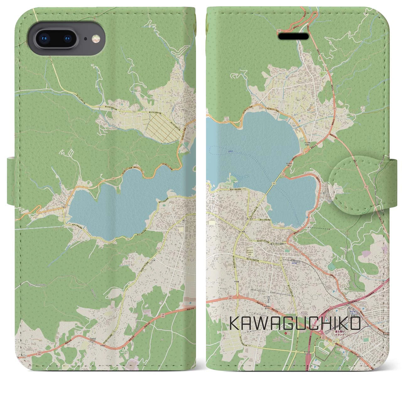 【河口湖】地図柄iPhoneケース（手帳両面タイプ・ナチュラル）iPhone 8Plus /7Plus / 6sPlus / 6Plus 用