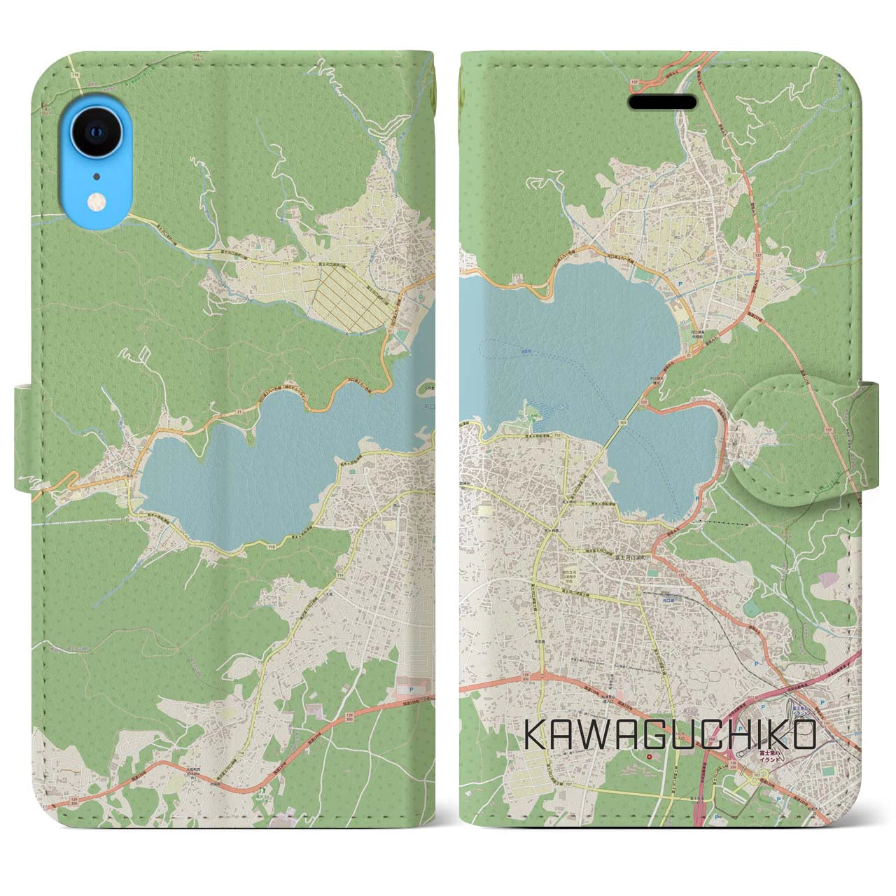 【河口湖】地図柄iPhoneケース（手帳両面タイプ・ナチュラル）iPhone XR 用