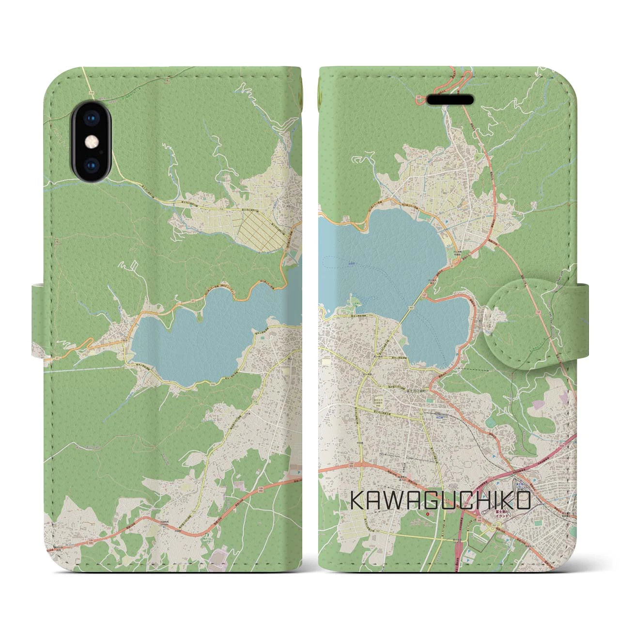 【河口湖】地図柄iPhoneケース（手帳両面タイプ・ナチュラル）iPhone XS / X 用