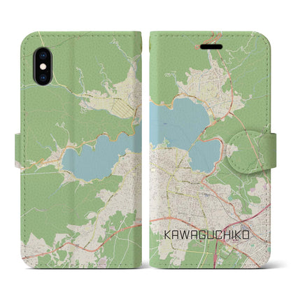 【河口湖（山梨県）】地図柄iPhoneケース（手帳タイプ）ナチュラル・iPhone XS / X 用