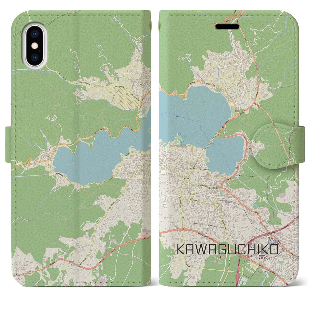 【河口湖】地図柄iPhoneケース（手帳両面タイプ・ナチュラル）iPhone XS Max 用